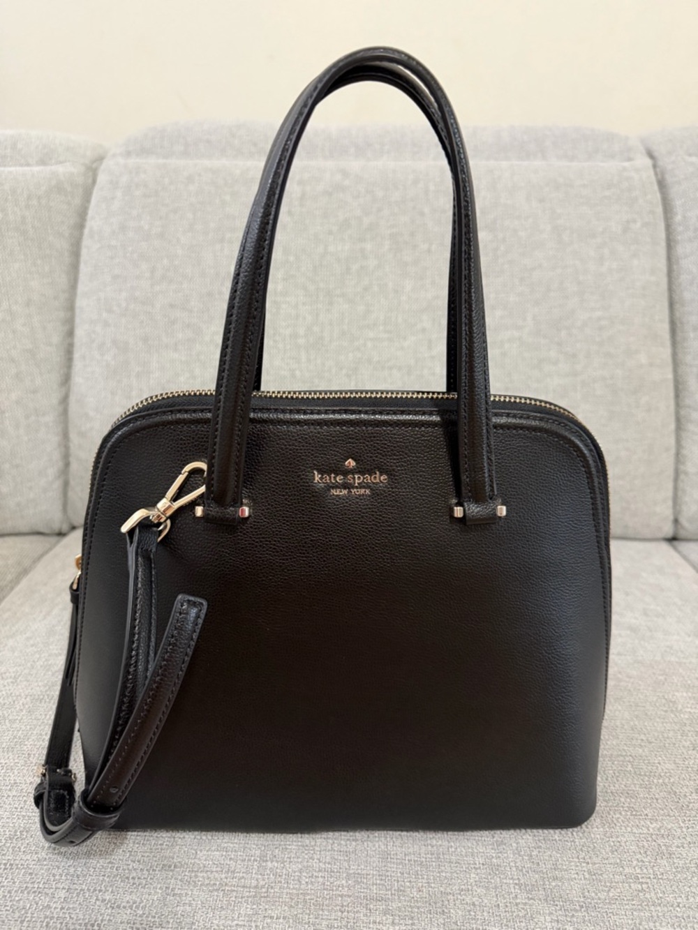 kate spade Black Pebbled Leather Dome Satchel with Gold Accents